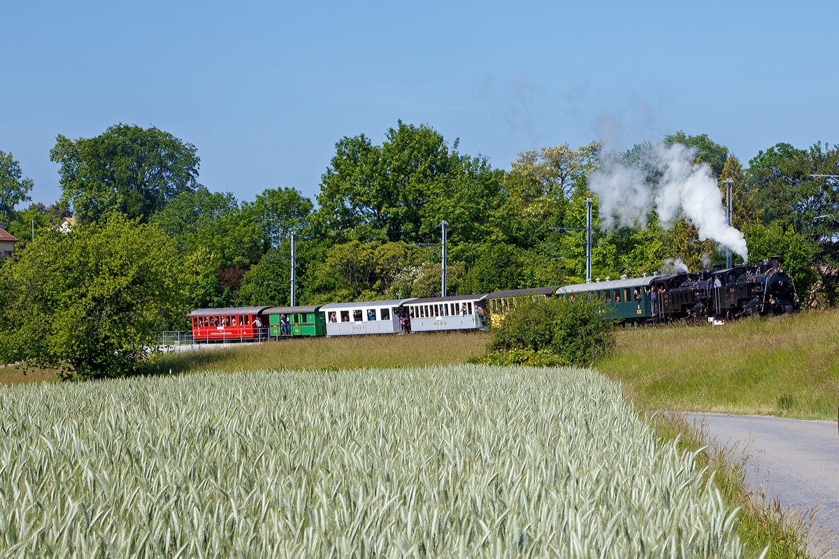 
50 Jahre BC - MEGA STEAM FESTIVAL der Museumsbahn Blonay–Chamby:
Die beiden HG 3/4 Schwestern, die B.F.D. 3 und die F.O. 4 mit Riviera Belle Epoque Zug Vevey-Blonay-Chamby am 20.05.2018 beim Château d'Hauteville.

Die beiden HG 3/4 Dampflokomotiven für gemischten Adhäsions- und Zahnradbetrieb sind baugleiche Lok, Baujahr 1913, SLM Fabriknummer 2317 und 2318, der ehemaligen Brig-Furka-Disentis-Bahn. Nach dem Konkurs der B.F.D. 1923 gingen alle zehn gebauten Lokomotiven an die neu gegründete Furka-Oberalp-Bahn (F.O.). Die zehn Dampflokomotiven stellten zunächst die einzigen Triebfahrzeuge der FO dar, dementsprechend erbrachten sie alle Zugleistungen und Rangierfahrten.

Die Lok Nr. 3 wurde 1969 der Museumsbahn Blonay–Chamby (BC) geschenkt, während Nr. 4 als Reserve weiterhin bei der Furka-Oberalp-Bahn blieb und hauptsächlich für Nostalgiefahrten verwendet wurde. Mit Ablauf der Untersuchungsfristen wurde sie 1972 abgestellt. Nach einigen Stationen ging die Lok 4 im Jahr 1997 zunächst leihweise an die Dampfbahn Furka-Bergstrecke über. Anschließend wurde sie in der DFB-Werkstätte Chur betriebsfähig aufgearbeitet und am 24. Juli 2006 in Betrieb genommen. Die Lok wurde historisch korrekt restauriert und vollständig schwarz lackiert. Anlässlich der Eröffnung des Streckenabschnitts Gletsch–Oberwald im Jahr 2010 ging die Lok als Geschenk an die DFB über.

Auch die ehemaligen FO Loks 1 und 9, sowie Überresten der Loks 2 und 8, sind heute bei der Dampfbahn-Furka-Bergstrecke. Unter der Bezeichnung „Back to Switzerland“ kehrten die vier HG 3/4 aus Vietnam 1990 Jahre in die Schweiz zurück.
