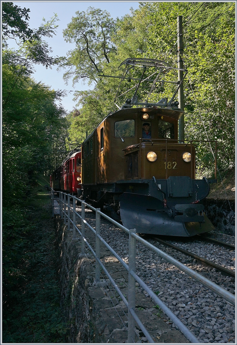 50 Jahre Blonay Chamby - MEGA BERNINA FESTIVAL: Das Viadukt über die Baye de Clarens ist eine einem dermassen schlechten Zustand, dass es neu gebaut werden muss und die bestehende Anlage nicht in Doppeltraktion befahren werden darf. Somit verabschiedet sich unsere Vorspannlok, die RhB Gastlok Ge 4/4 182, kurz vor der Brücke und fuhr in Alleinfahrt nach Vers-chez-Robert. 
9. Sept. 2018