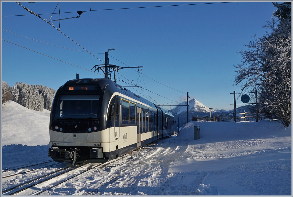 Der CEV MVR ABeh 2/6 7503  Blonay-Chamby  verlässt Les Pléiades Richtung Vevey.
10. Jan. 2019