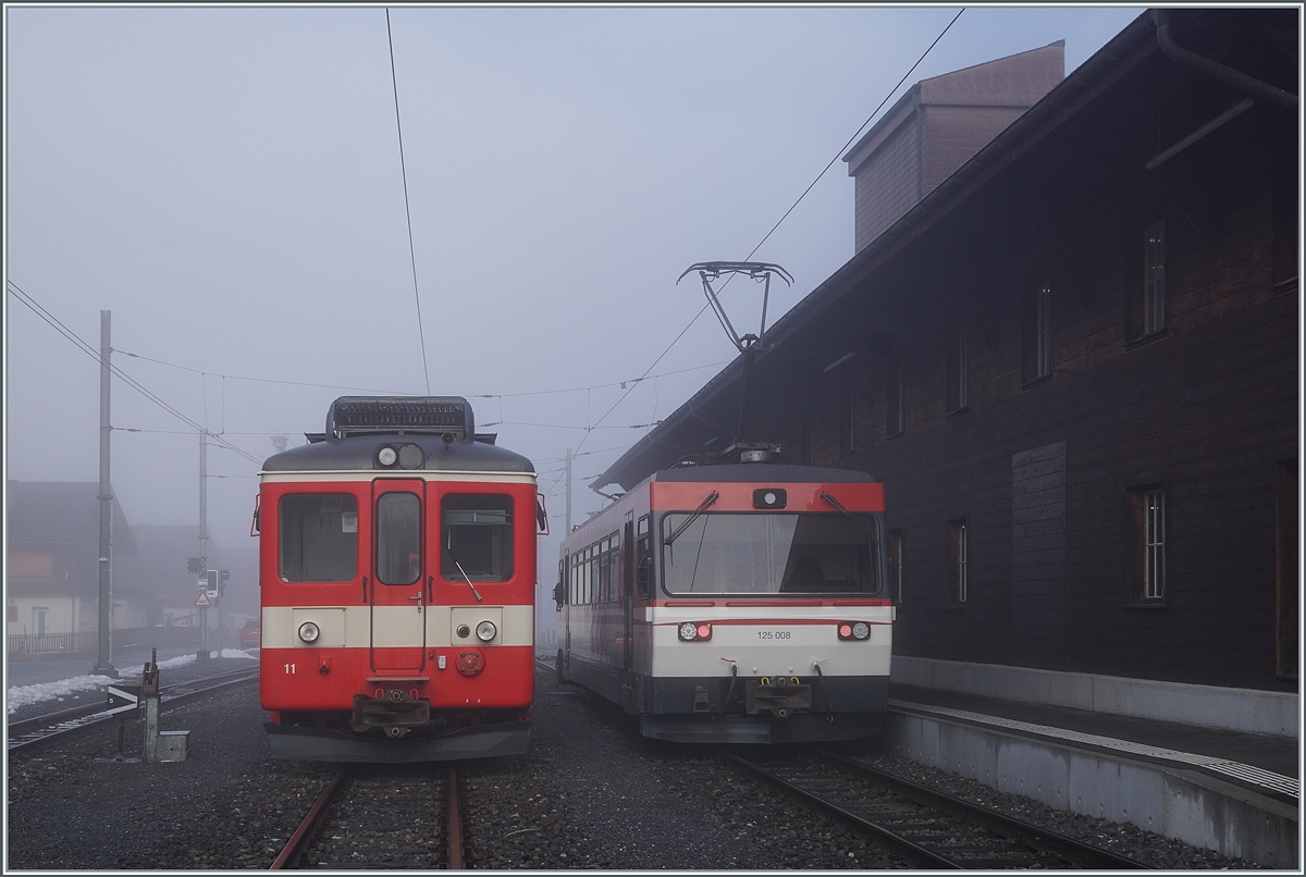 Der MIB (?) und ex CJ BDe 4/4 11 und der Zentralbahn Be 125 008 stehen in Innertkirchen. W�hrend der GTW Be 2/6 125 013 zur Revision im D�p�t weilt, pendelt heute der Be 125 008, bei der MIB als Be 4/4 8 gef�hrt und im Innenraum mit 90 85 8470 008-6 angeschrieben ist  zwischen zwischen Innertkirchen und Meringen hin- und her. 
Der ex CJ Triebwagen hingegen scheint  nicht mehr in Betrieb zu sein, wie ein gut ca. 3 x 7 cm2 kleiner Aufkleber am Triebwagen verr�t.

17. Februar 2021