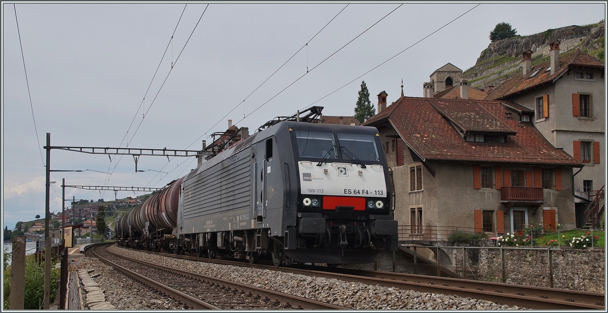 Der Weg des geringsten Widerstands von Nord nach S�d f�hrt �ber St-Saphorin! Dieser Philosophie folgt zumindest dieser Bio-�l Zug von den Niederlanden nach Italien via Basel - Olten - Lausanne - Domodossola. Die f�hrende ES 64 F4 113 bef�rdert den Zug von Holland bis Domosossola und verbringt dann ein paar Tage in Brig. St-Saphorin, den 25. Mai 2014