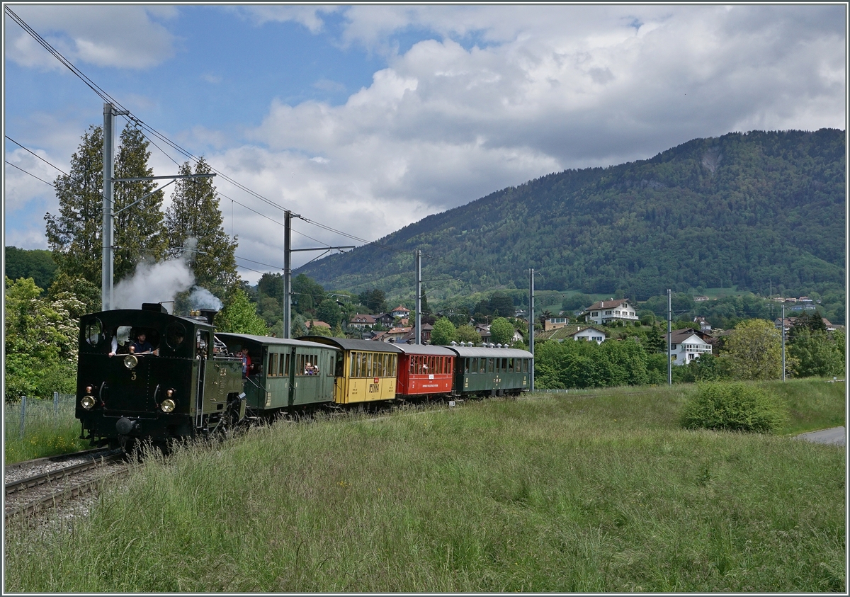 Die BFD HG 3/4 N° 3 erreicht mit ihrem Rivera Belle Epoque Zug Château d'Haute Ville. 
16. Mai 2016
