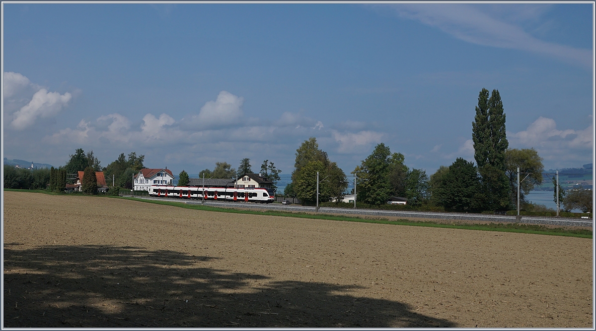 Ein SBB RABe 523 als S-Bahn von Sursee nach Zug am Sempacher See zwischen Nottwil und Sempach Neuenkirch.

21. Sept. 2020