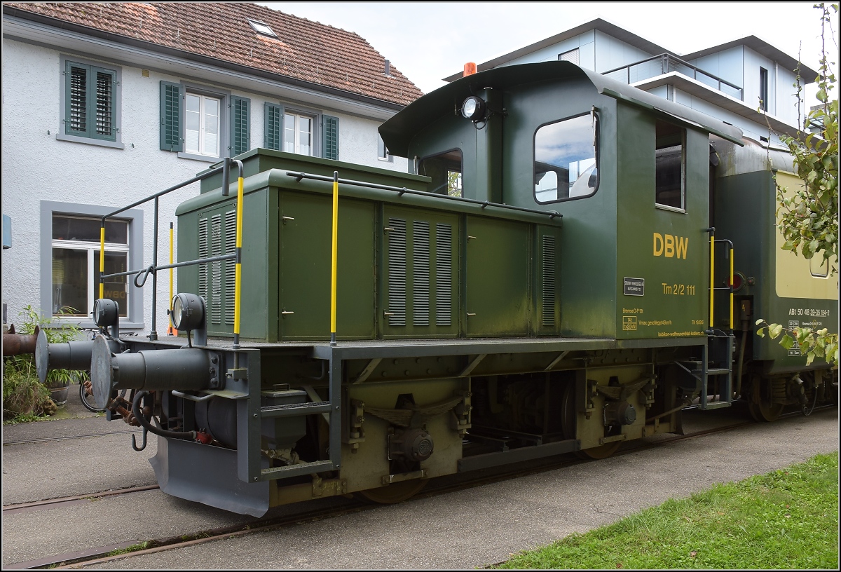 Fahrtag Wolfhuuser Bahn.

Tm 2/2 111 in Wolfhausen. Hier kann man die Anfänge des Unternehmens Stadler schön betrachten. Lange Jahre wurden nur Kleinserien hergestellt. Oktober 2021.