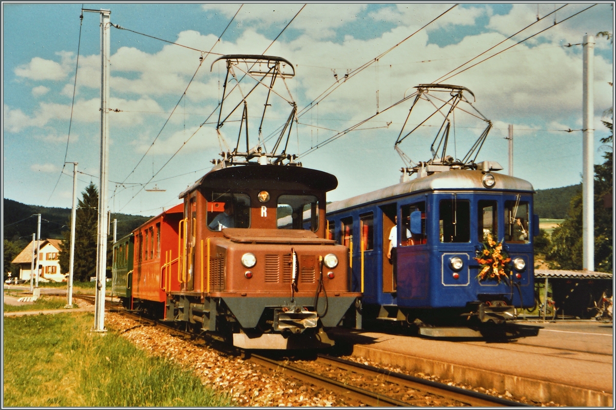 Für den Geschsellschaftsverkehr hielt die WSB zwei Züge vor:  S' farbige Bähnli  (links) und  s'blaue Bähnli  (rechts).
Beide zeigen sich hier am 14. Juli 1984 in Gontenschwil.