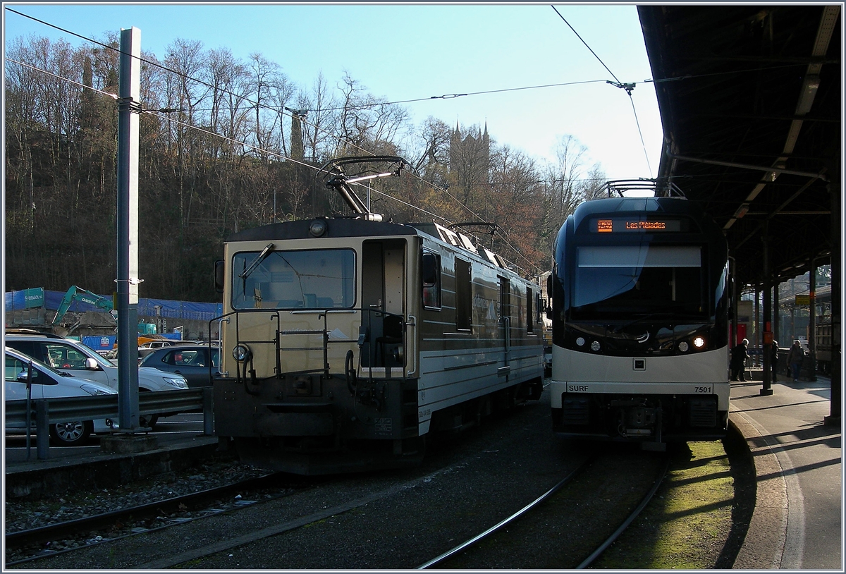 Hin und wieder erreicht eine MOB Lok den Bahnhof Vevey, wie hier am die GDe 4/4 6605.
2. Dez. 2016 

