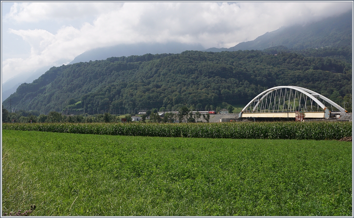 Zwischen Bex und St-Maurice überquert die Strecke Lausanne Birg die Rhone. Die alte Gittereisenbrücke wird nun durch eine sehr gefällige und unübersehbare Neukonstruktion ersetzt. Zu Zeit ist die alte Brücke schon nicht mir in Betrieb und der Verkehr verläuft einspurig über die neue Brücke, wobei vor und nach der Brücke das nördliche Gleis, dann auf der Brücke das Südliche Gleis benutzt wird, so dass die Brücke noch verschoben werden muss. Leider ist es nicht einfach, einen einigermasen guten Fotostandpunkt zu finden. Das Bild zeigt den von einer SBB Re 460 gezogenen IR 1716 von Brig nach Lausanne.
19. August 2016