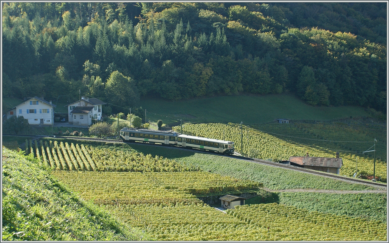Der Lausanne-Bercher-Triebwagen Be 4/4 mit Bt ist zur Aushilfe auf der ASD-Strecke oberhalb des Schlosses von Aigle auf Testfahrt. 

21. Okt. 2010