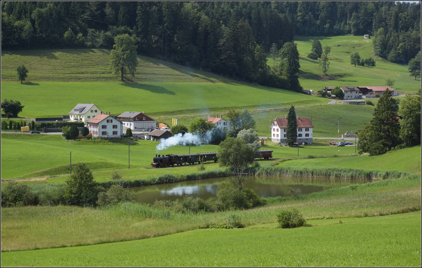 Fahrtag im Z�rcher Oberland. 

Eb 3/5 der BT, heute durch den DLC betreut, mit ihrem Museumszug der DVZO beim Hansenriet in Neuthal. Juli 2023.